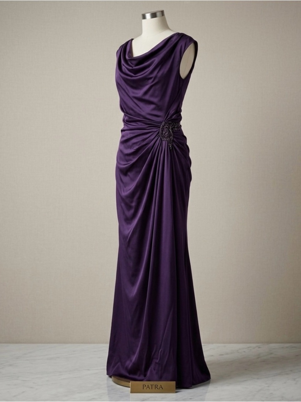 Patra Purple Satin Cowl Neck Beaded Ruched Evening Gown Size 14